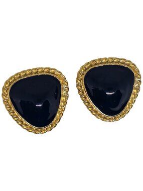 Vintage Gold & Black Triangle Clip-On Earrings Rope-Style Border Classic Design